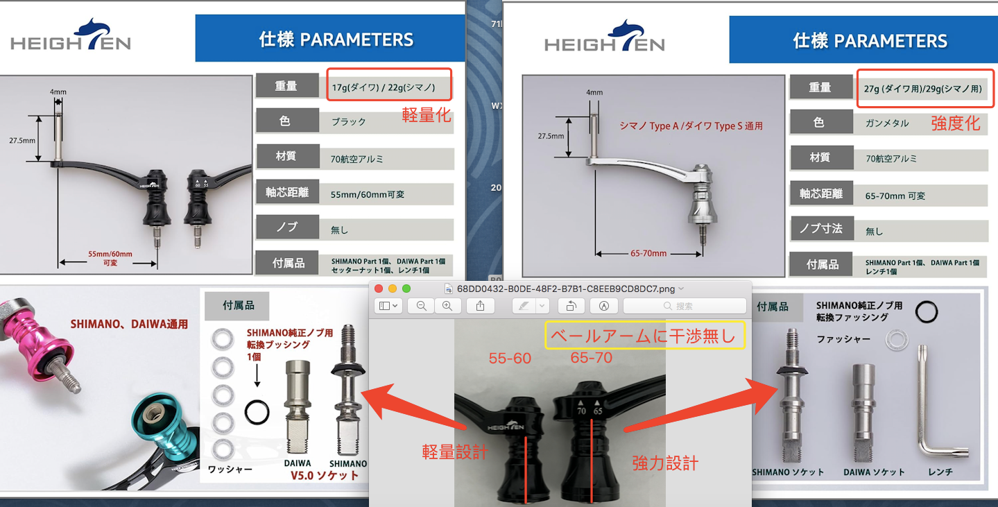 HEIGHTEN 55-60mm可変 リール ハンドル 新型 24.5mm ハンドルノブ 搭載 ダイワ(DAIWA) シマノ(SHIMANO) 通用 スピニングリール 用 Engine Series