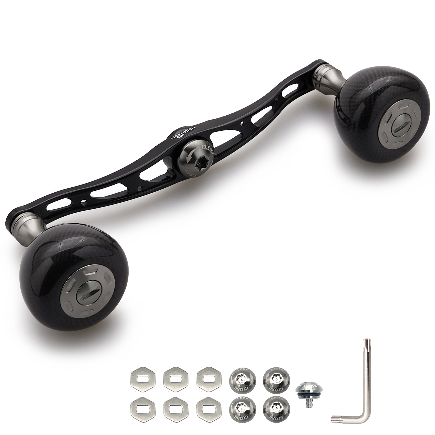 HEIGHTEN 130mm リール ハンドル 36mm カーボンノブ搭載 シマノ(SHIMANO) ダイワ(DAIWA) アブ(Abu) 通用 ベイトリール 用 Carbon Arch Series