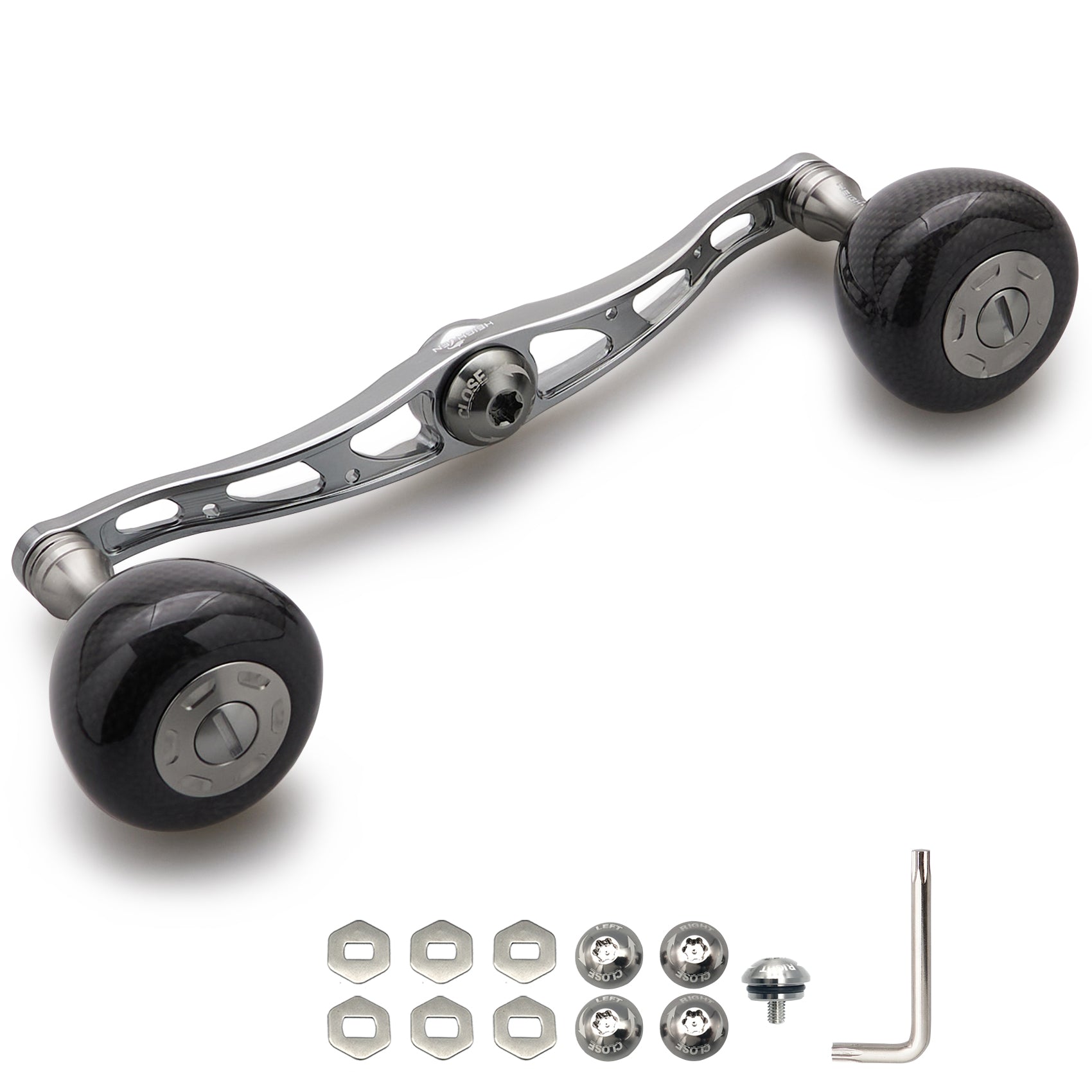 HEIGHTEN 130mm リール ハンドル 36mm カーボンノブ搭載 シマノ(SHIMANO) ダイワ(DAIWA) アブ(Abu) 通用 ベイトリール 用 Carbon Arch Series