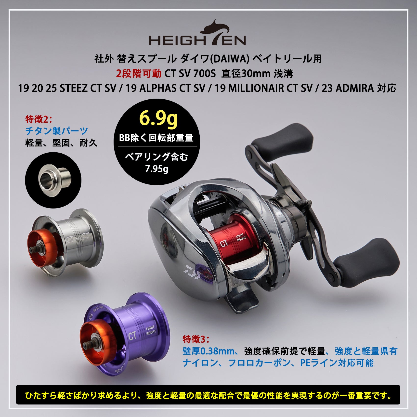 HEIGHTEN リール スプール CT SV 700S 2段階可動 直径30mm 浅溝 ダイワ(DAIWA) 19 20 25 STEEZ CT SV / 19 ALPHAS CT SV / 19 MILLIONAIR CT SV / 23 ADMIRA ベイトリール 替えスプール